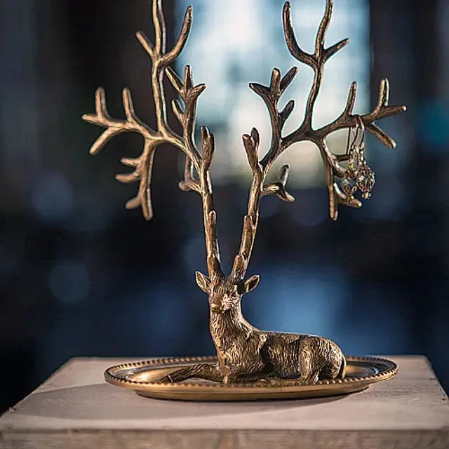 Antique Brass Tone Deer Jewelry Holder – Stag Ring & Necklace Organizer