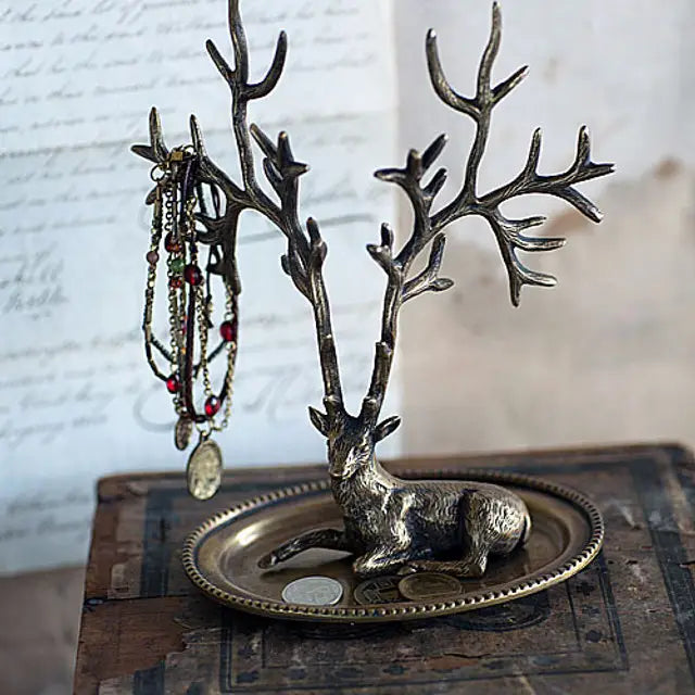 Antique Brass Tone Deer Jewelry Holder – Stag Ring &amp; Necklace Organizer