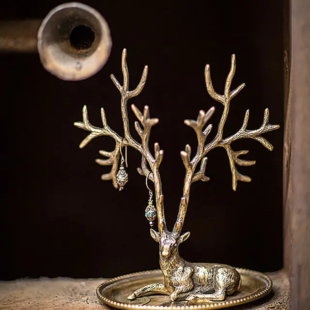 Antique Brass Tone Deer Jewelry Holder – Stag Ring &amp; Necklace Organizer