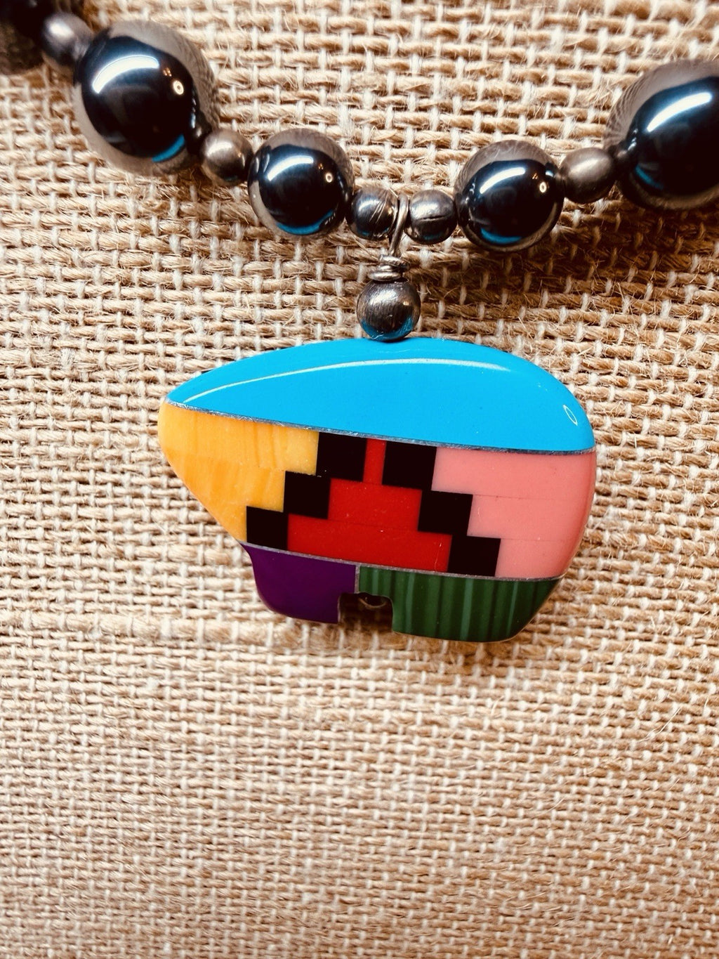 Vintage Native American Hematite Necklace W/ Turquoise Accent Bear Pendant5