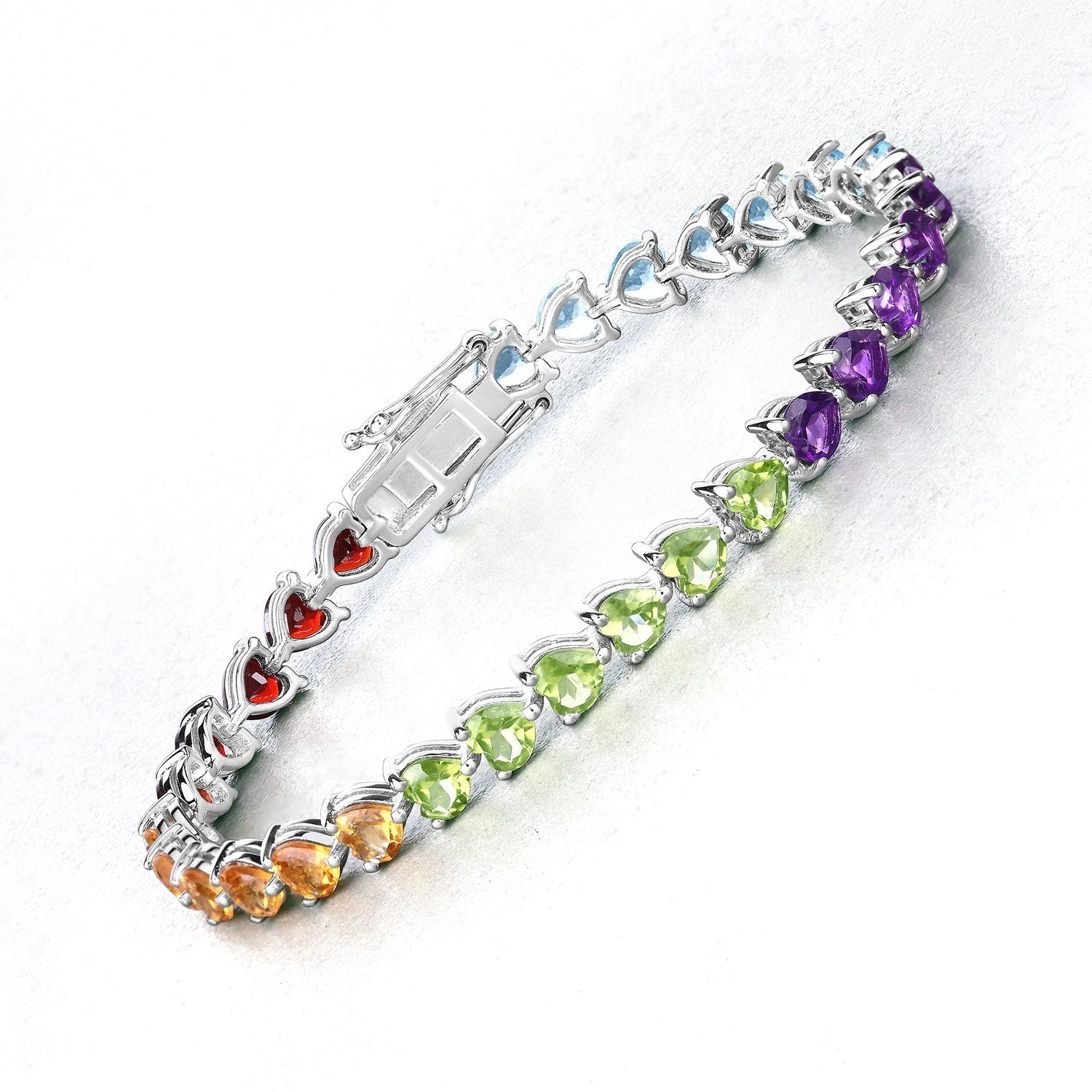 Beautiful Heart Shaped Multi Gemstone .925 Sterling Silver Bracelet8
