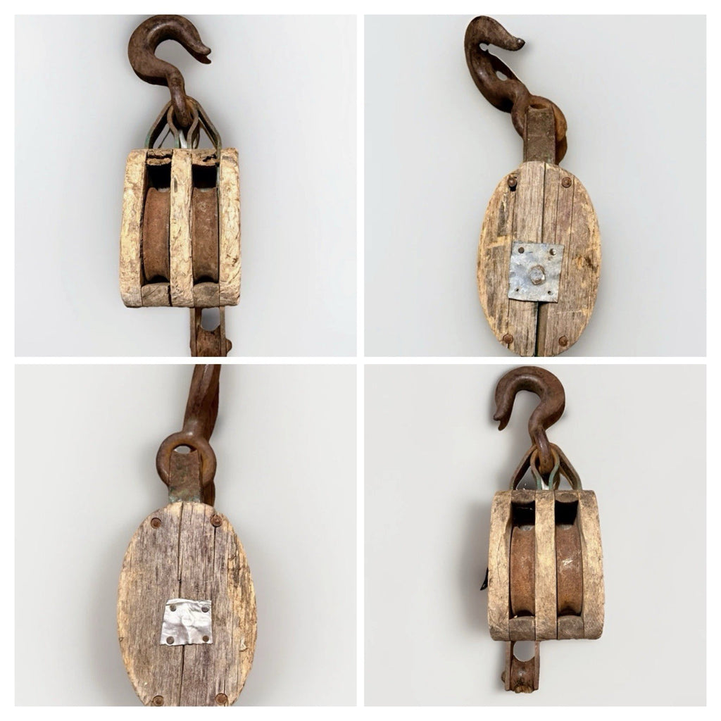 Statement Décor Antique Wooden Double Pulley Block w/ Hand-Forged Iron Hooks0