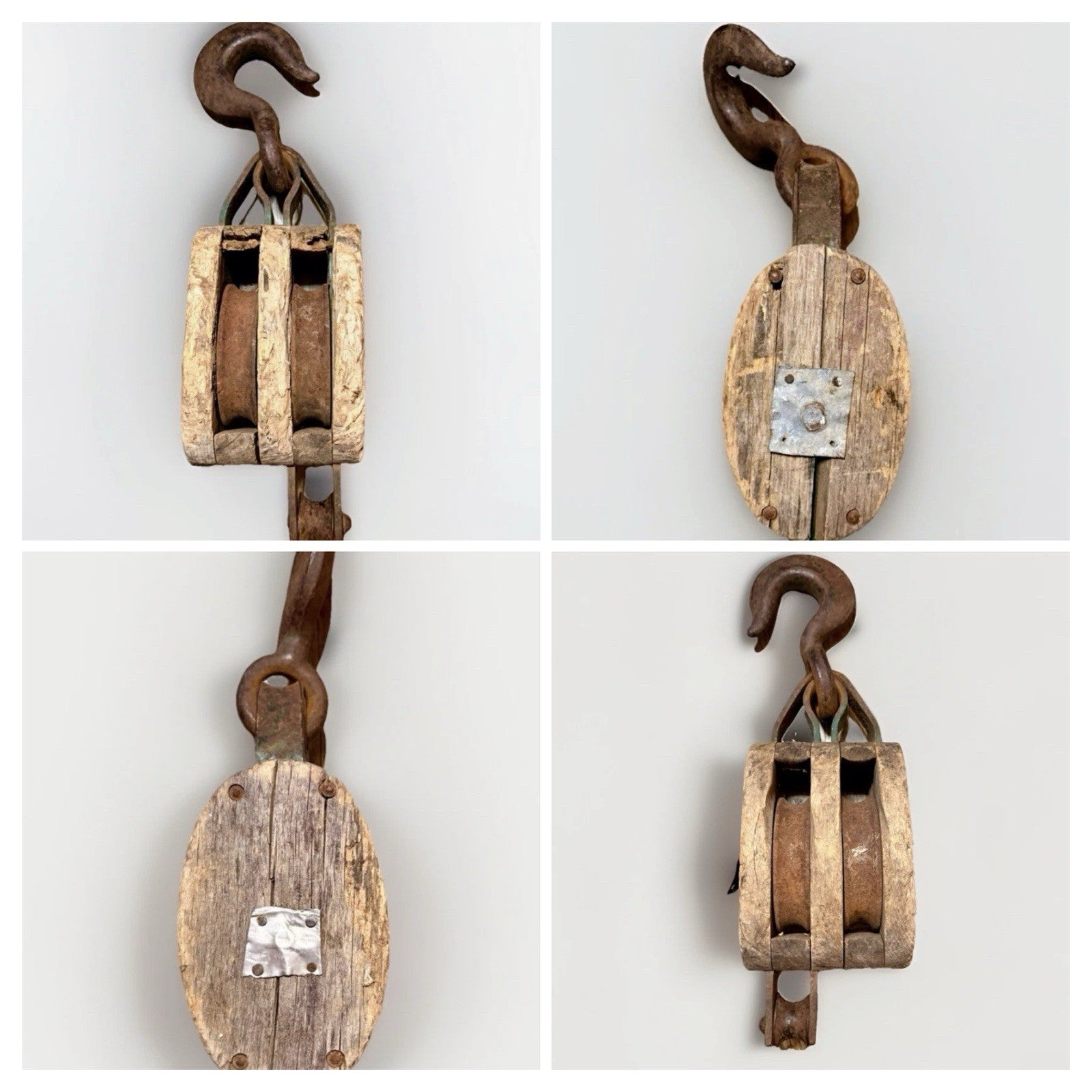 Statement Décor Antique Wooden Double Pulley Block w/ Hand-Forged Iron Hooks0