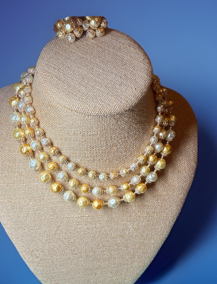 Japan Faux Pearl Necklace & Clip-On Earrings Set | Champagne Gold | High-End5