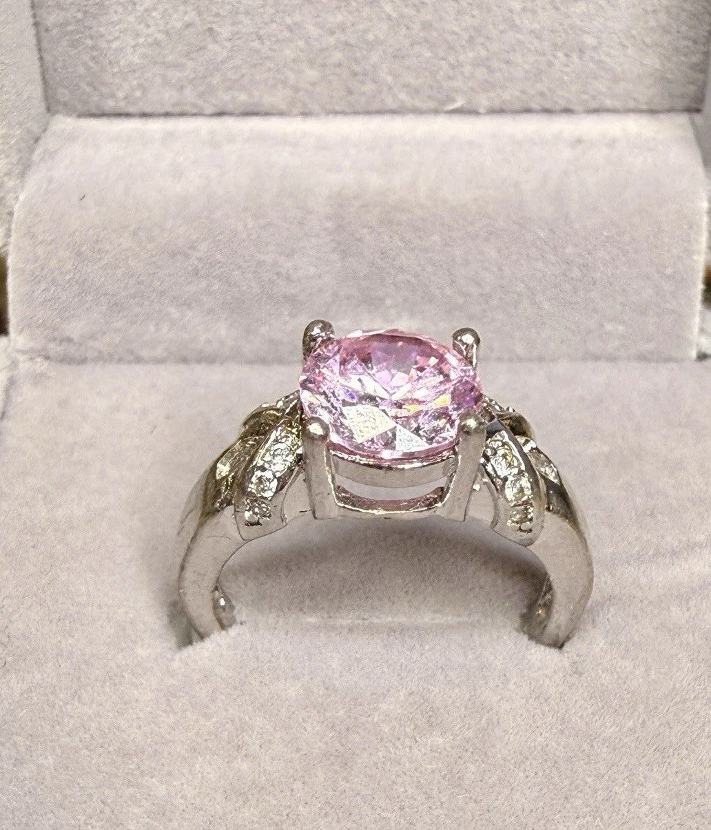Sterling Silver Ring 925 Large Pink Gemstone W/ Diamond Accents2