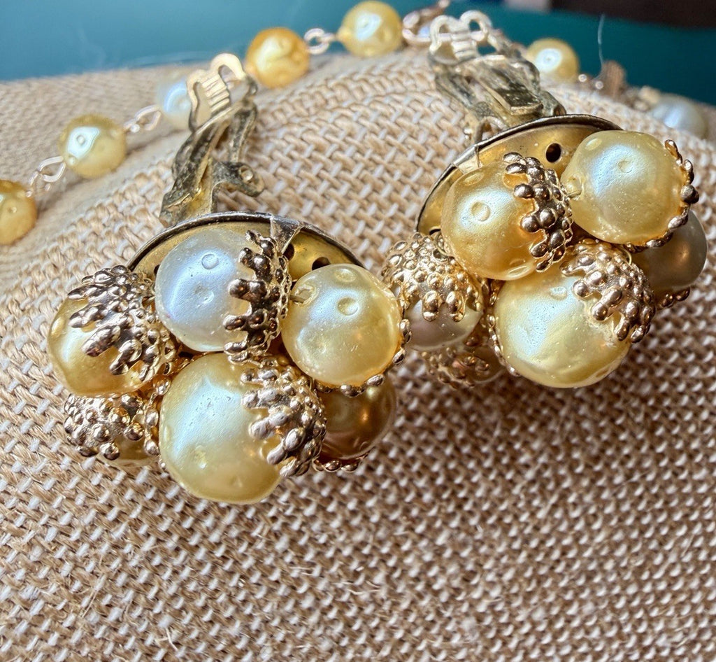 Japan Faux Pearl Necklace & Clip-On Earrings Set | Champagne Gold | High-End3