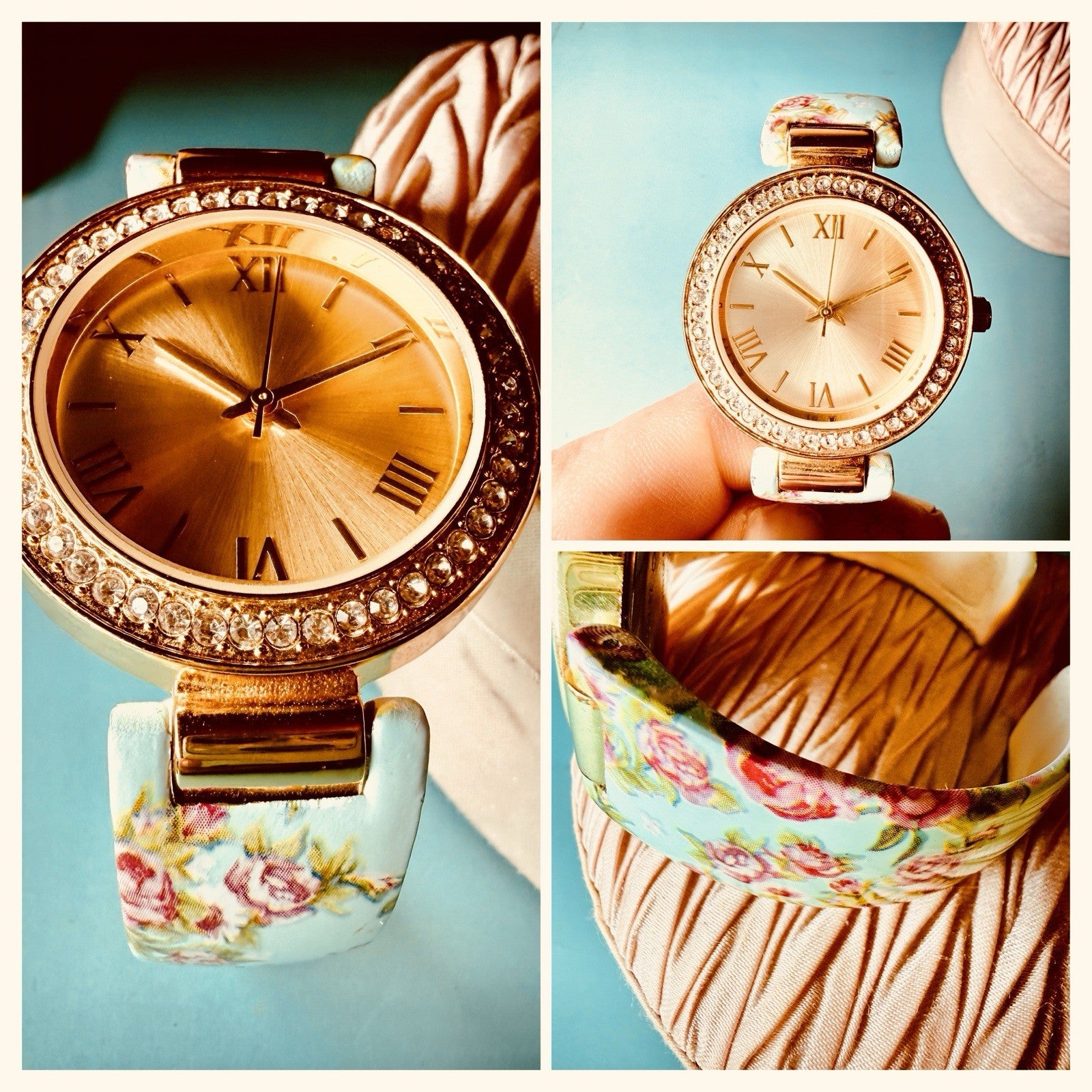 Vintage Floral Cuff Watch Gold Tone Crystal Bezel Women’s Estate Japan Movement0