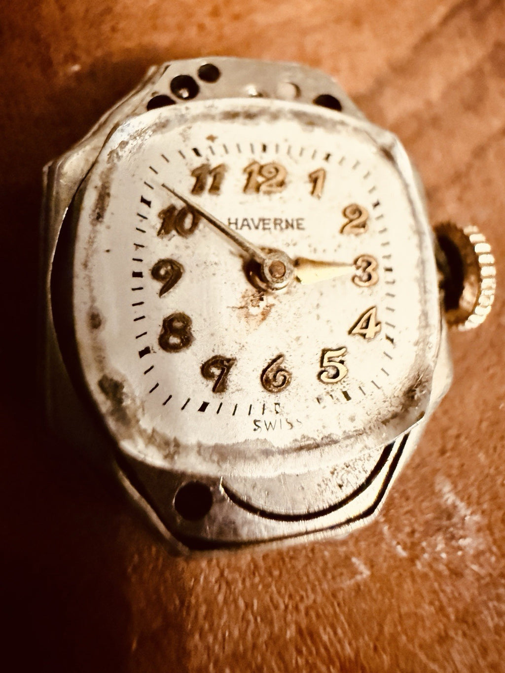 Antique Haverne Swiss Watch Movement w Dial & Caseback 7 Jewels RUNS STRONG2