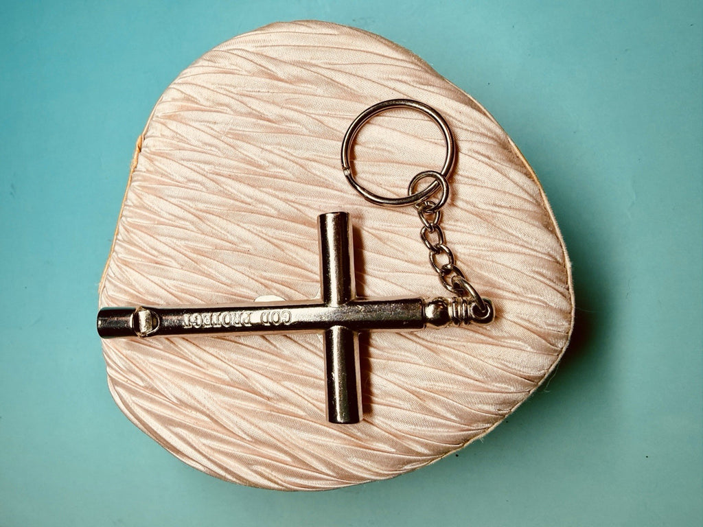 Vintage Whistle Crucifix Keychain | “God Protect” Metal Cross | Religious EDC11