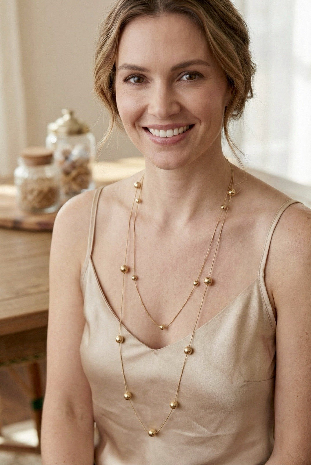 Liquid Gold Snake Chain Necklace Double Strand Polished Ball Station Layer 40”0