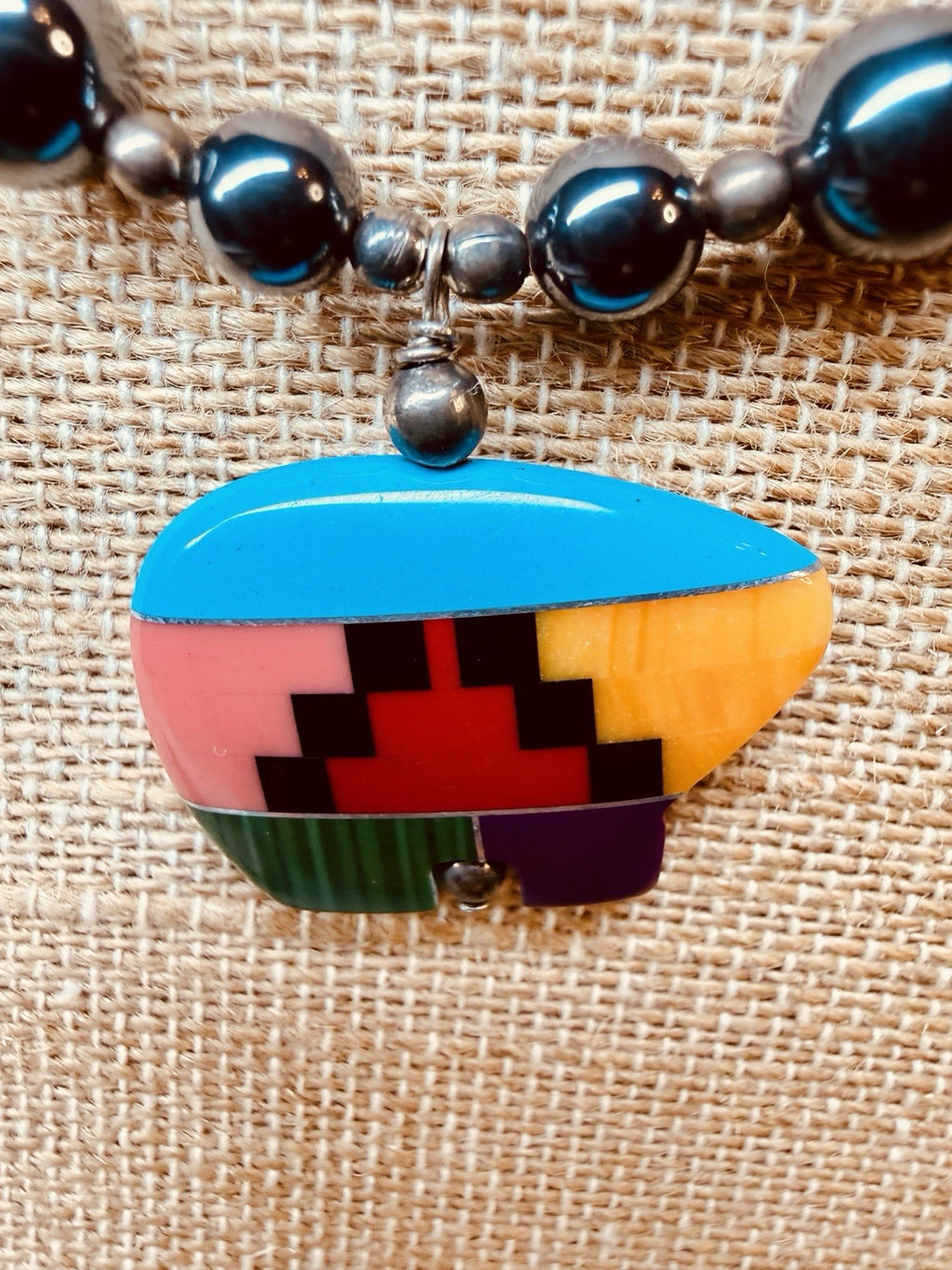 Vintage Native American Hematite Necklace W/ Turquoise Accent Bear Pendant1