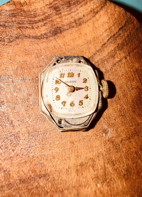 Antique Haverne Swiss Watch Movement w Dial & Caseback 7 Jewels RUNS STRONG1