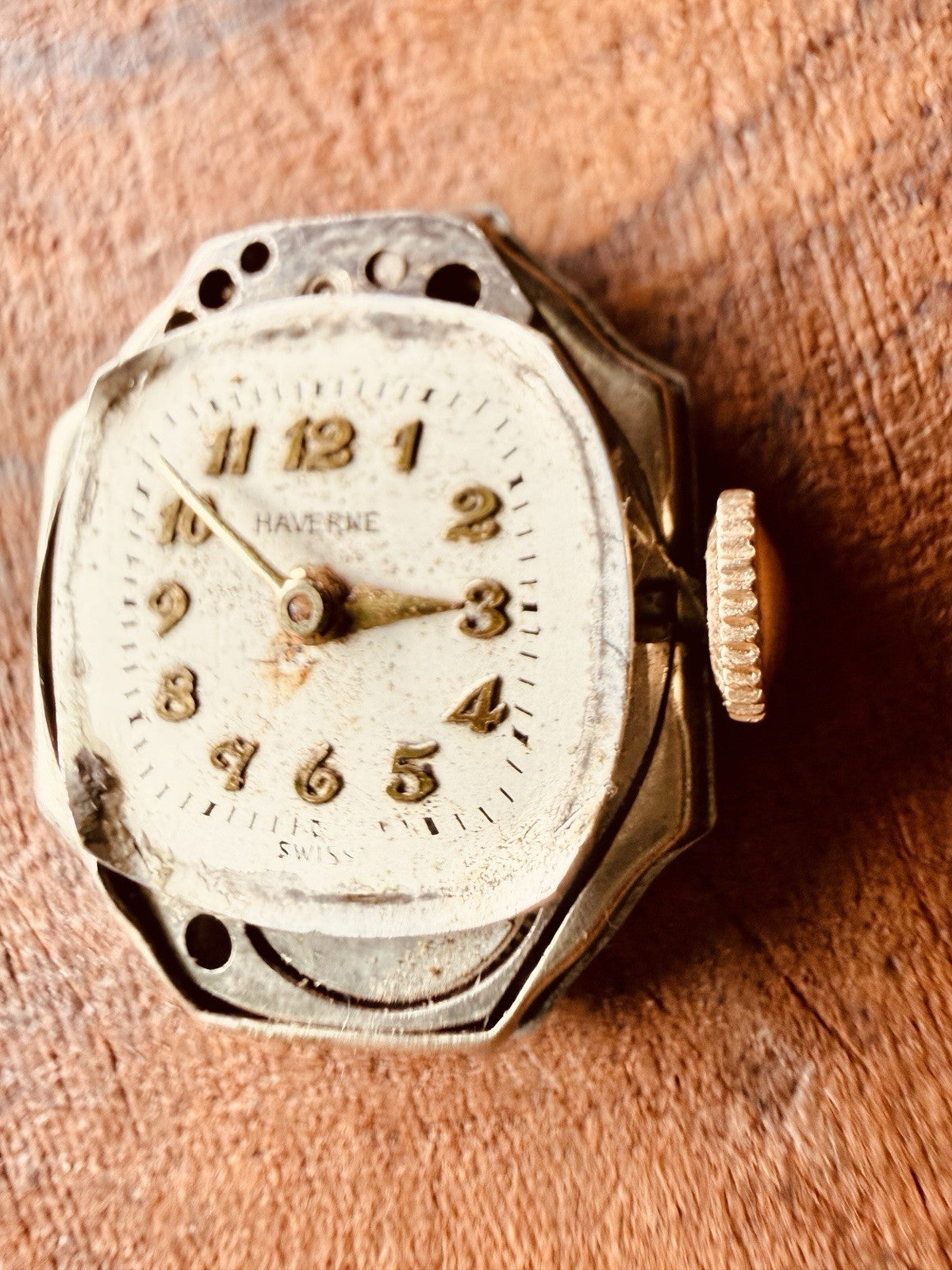 Antique Haverne Swiss Watch Movement w Dial & Caseback 7 Jewels RUNS STRONG3