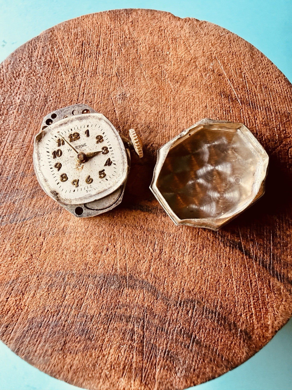 Antique Haverne Swiss Watch Movement w Dial & Caseback 7 Jewels RUNS STRONG9