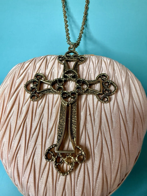 Vintage 1973 Sarah Coventry Limited Edition Gold Tone Ornate Cross Necklace 26”1