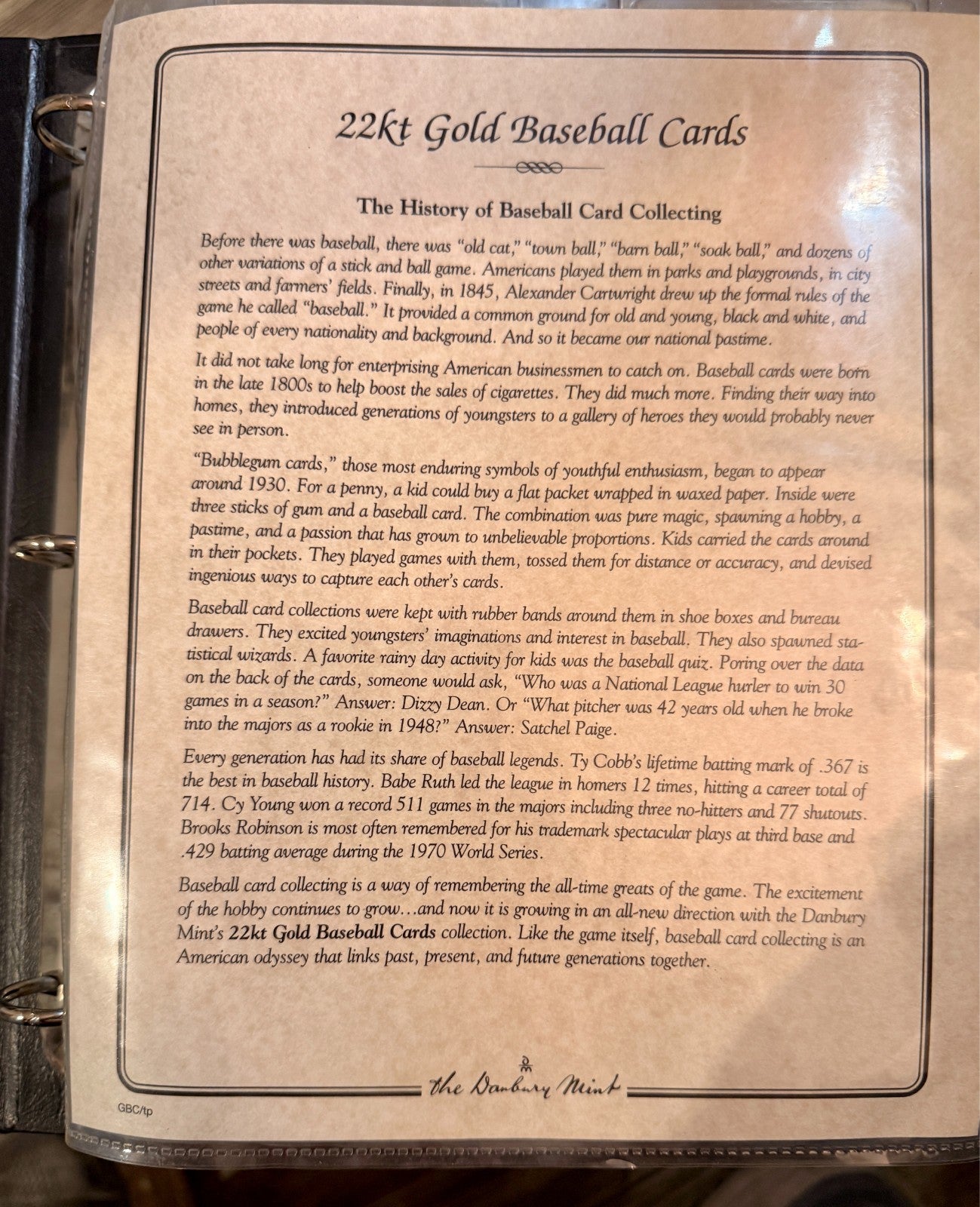 Danbury Mint 22KT Gold Baseball Cards Babe Ruth Ty Cobb HOF Legends Binder2