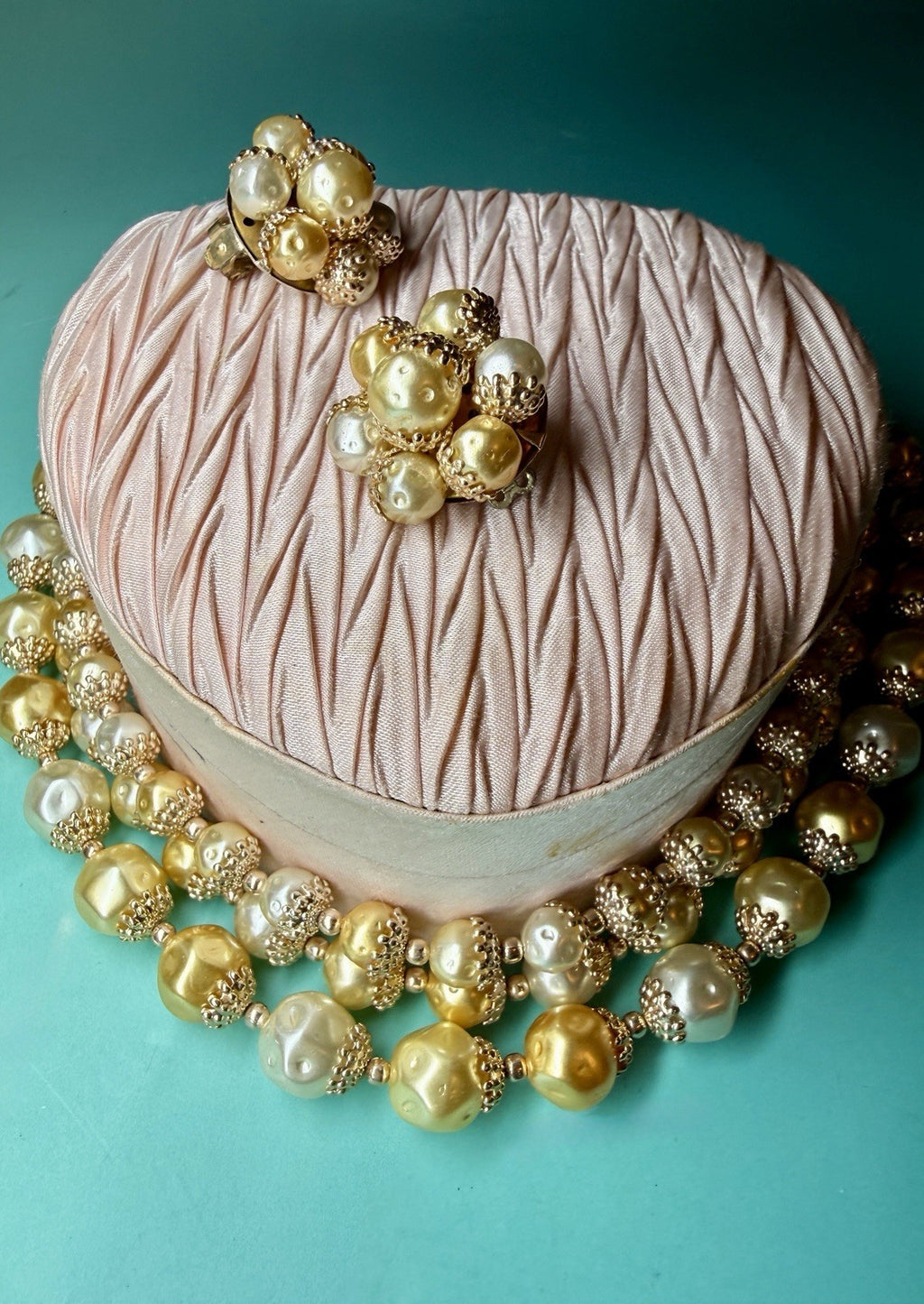 Japan Faux Pearl Necklace & Clip-On Earrings Set | Champagne Gold | High-End1
