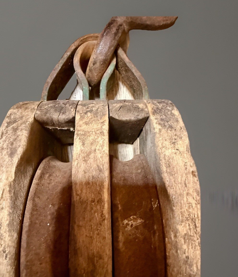 Statement Décor Antique Wooden Double Pulley Block w/ Hand-Forged Iron Hooks6