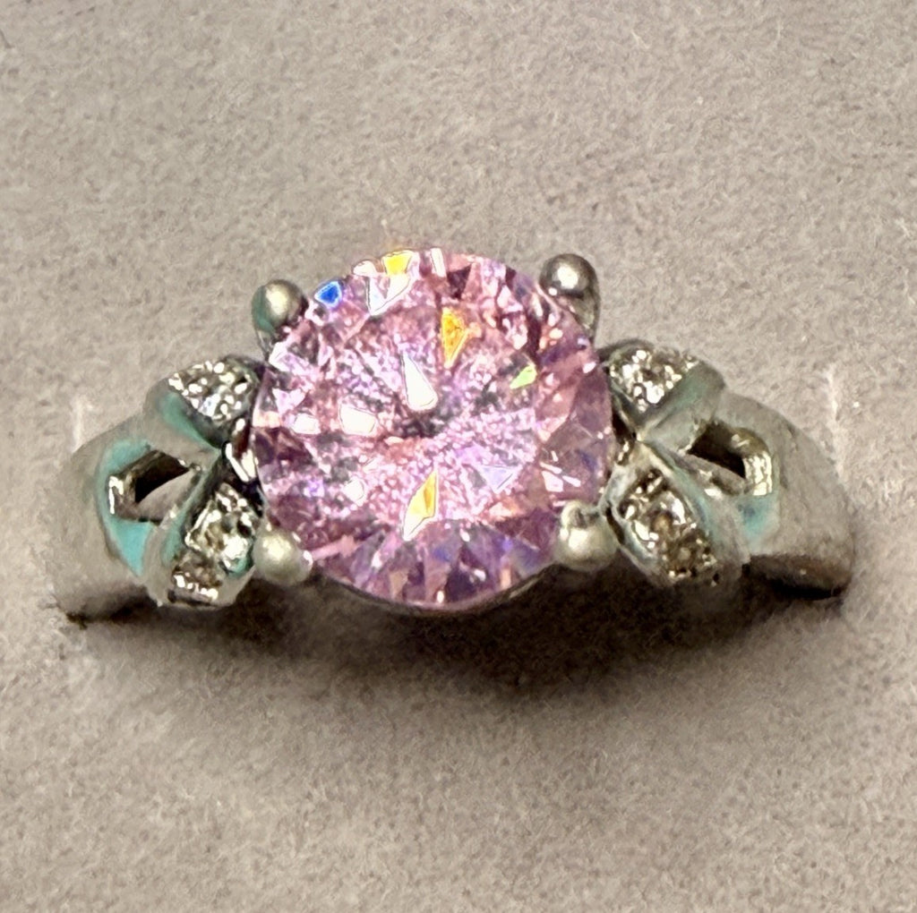 Sterling Silver Ring 925 Large Pink Gemstone W/ Diamond Accents1