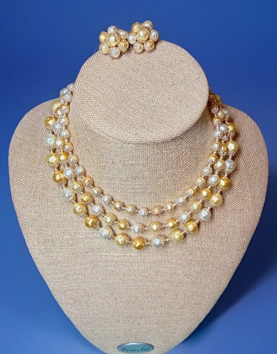 Japan Faux Pearl Necklace & Clip-On Earrings Set | Champagne Gold | High-End0