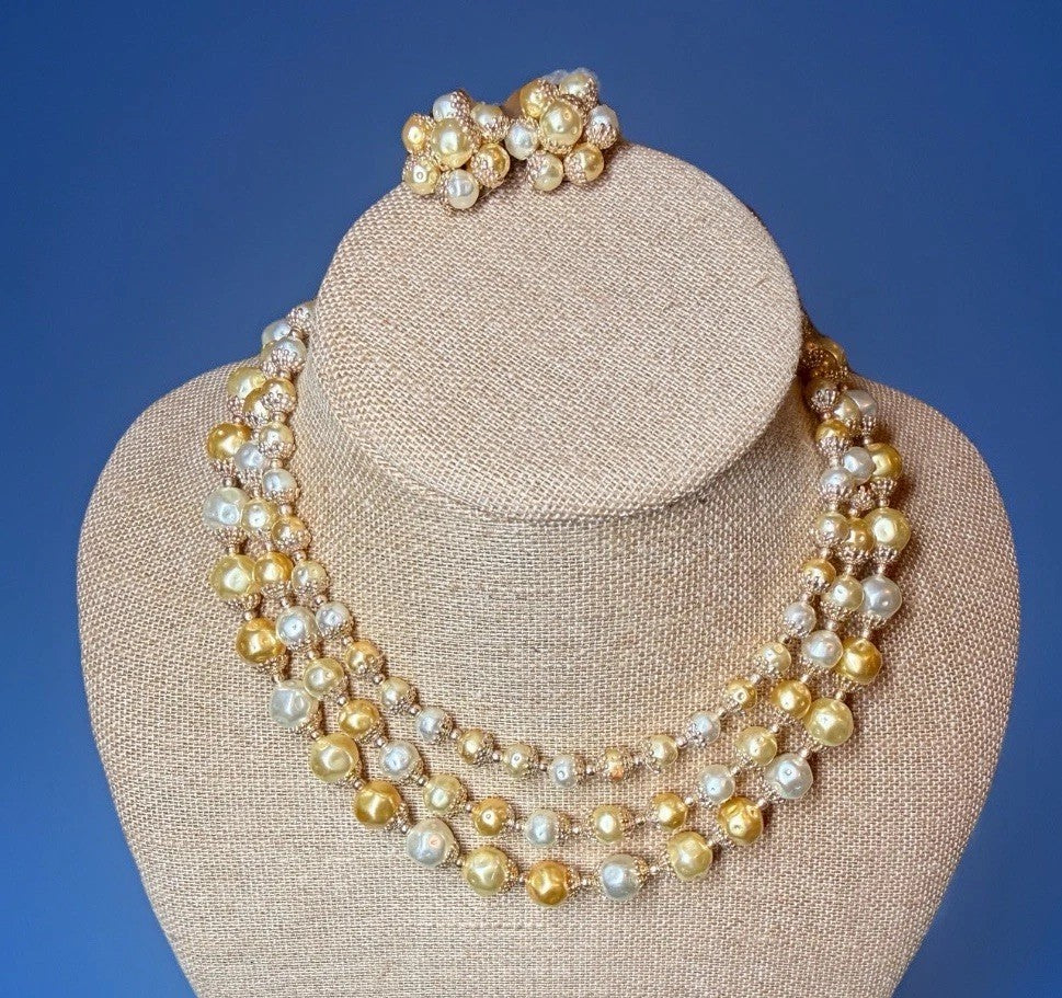 Japan Faux Pearl Necklace & Clip-On Earrings Set | Champagne Gold | High-End13