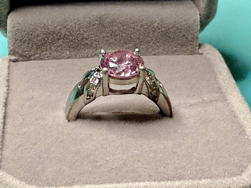 Sterling Silver Ring 925 Large Pink Gemstone W/ Diamond Accents9