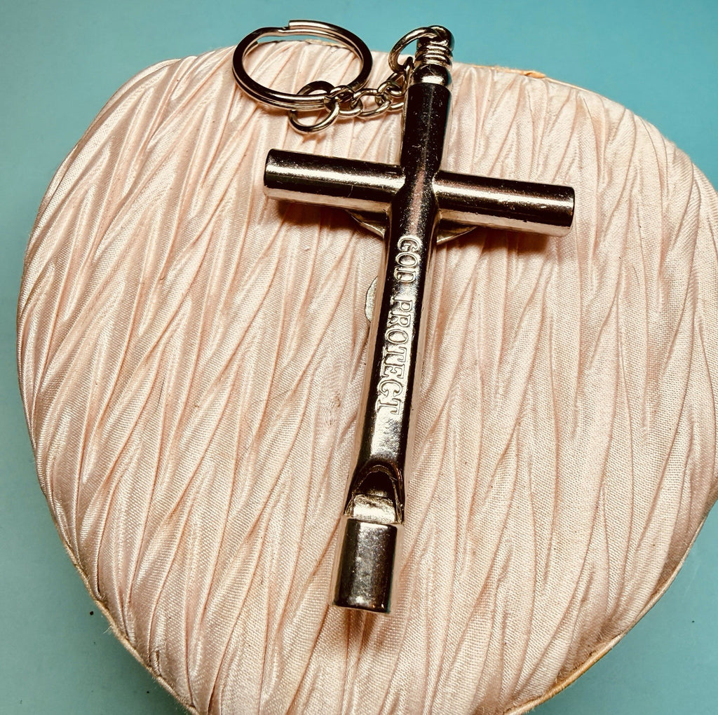 Vintage Whistle Crucifix Keychain | “God Protect” Metal Cross | Religious EDC9