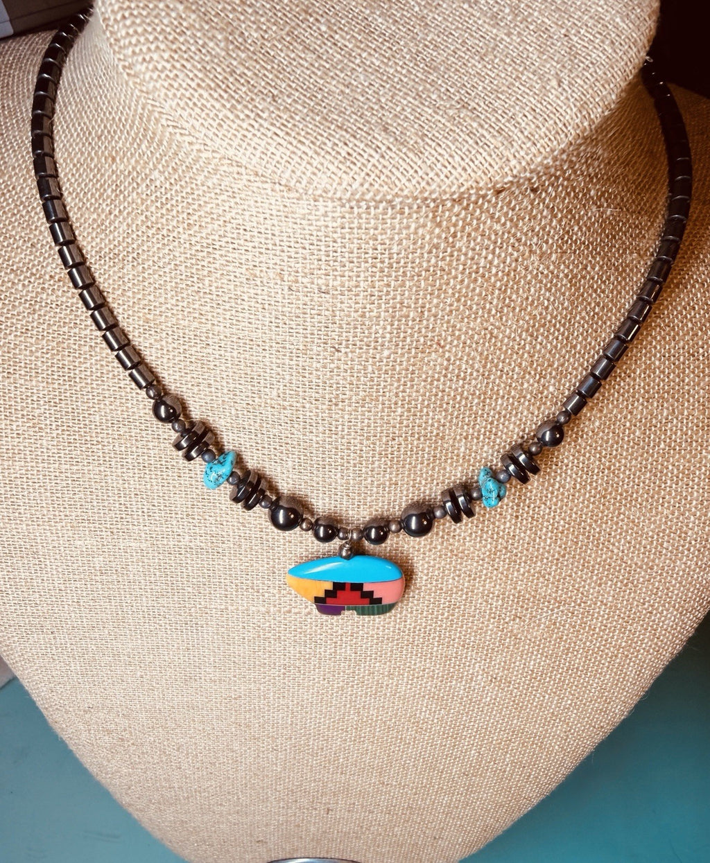 Vintage Native American Hematite Necklace W/ Turquoise Accent Bear Pendant0