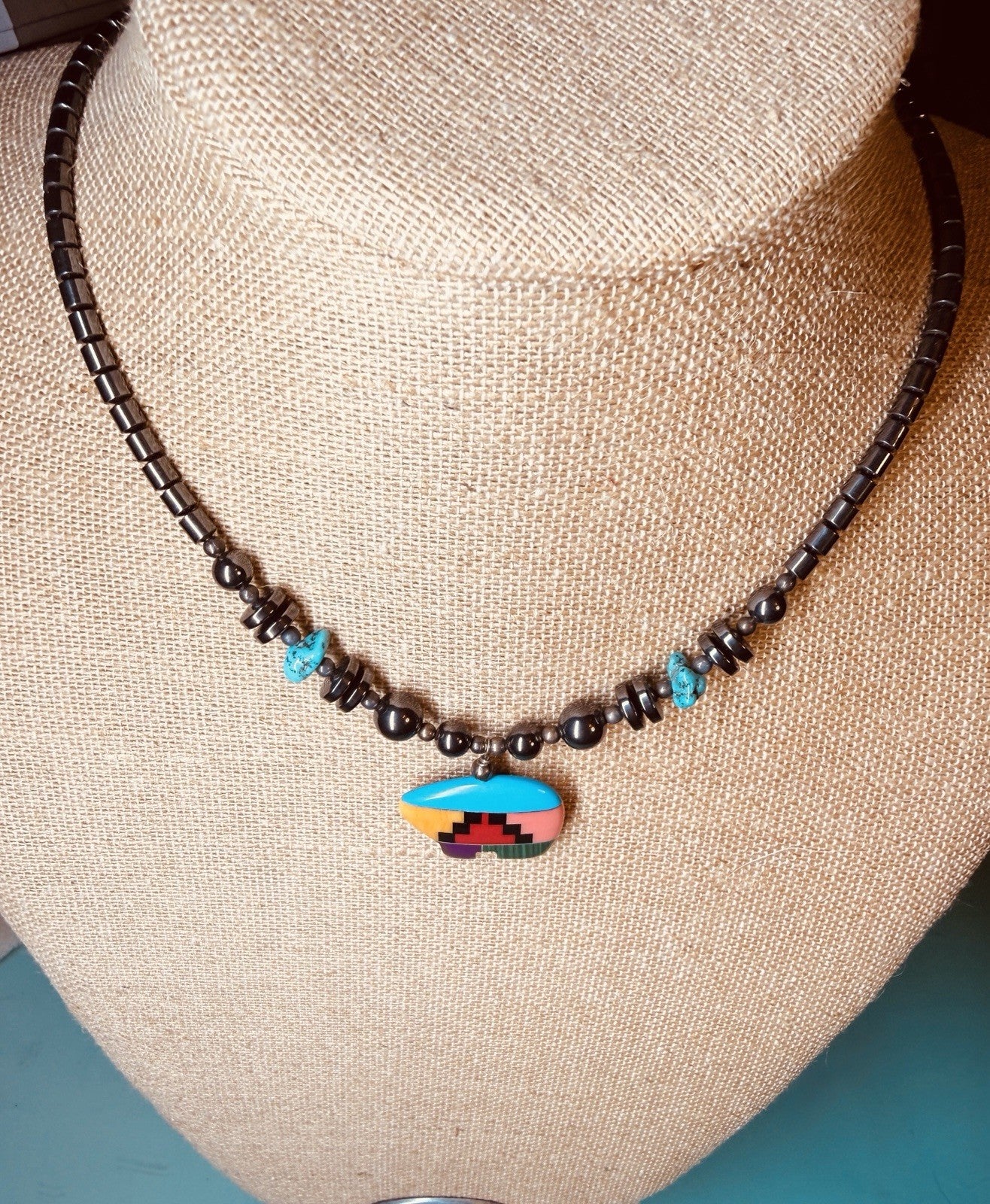 Vintage Native American Hematite Necklace W/ Turquoise Accent Bear Pendant0