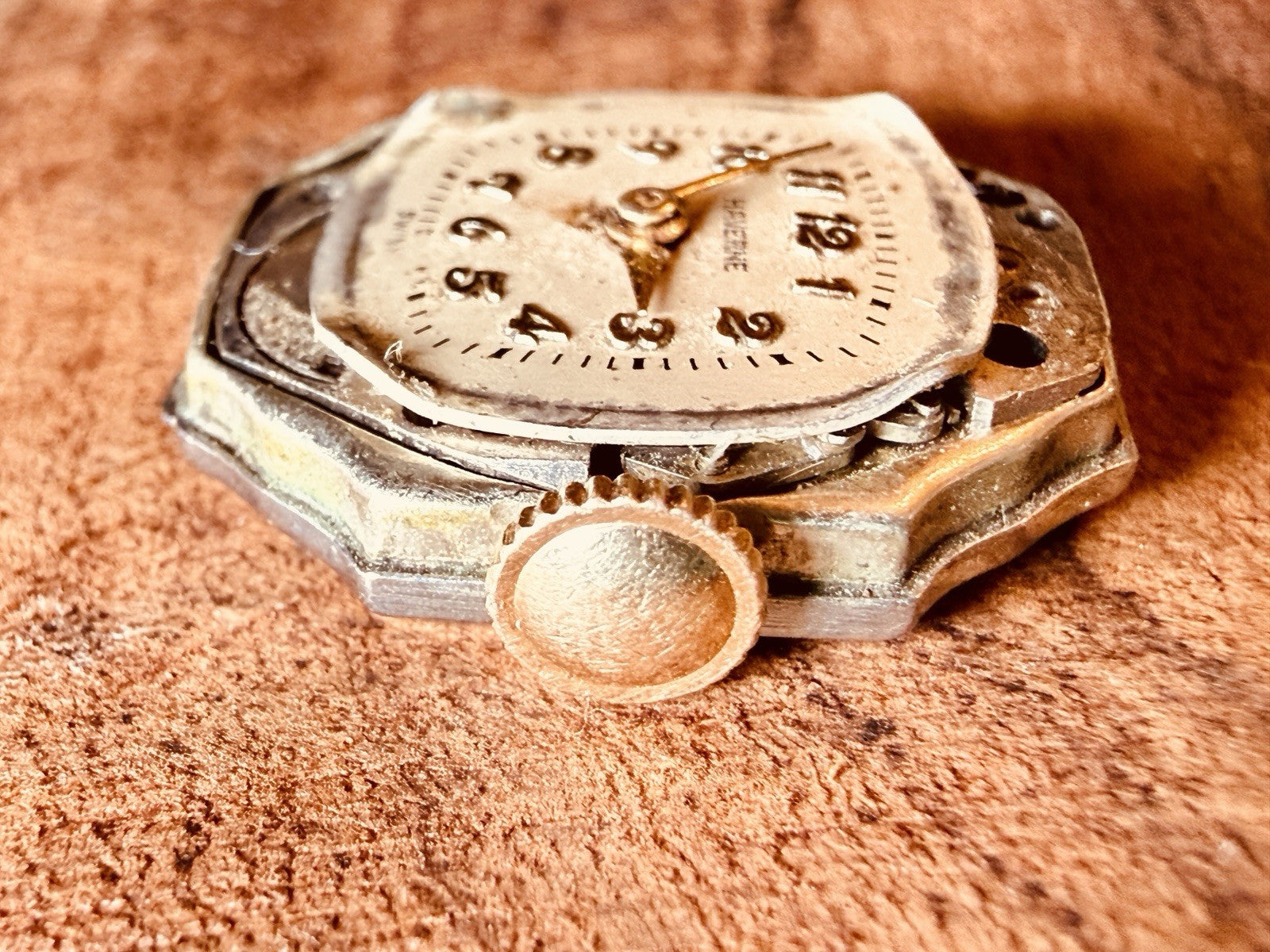 Antique Haverne Swiss Watch Movement w Dial & Caseback 7 Jewels RUNS STRONG5