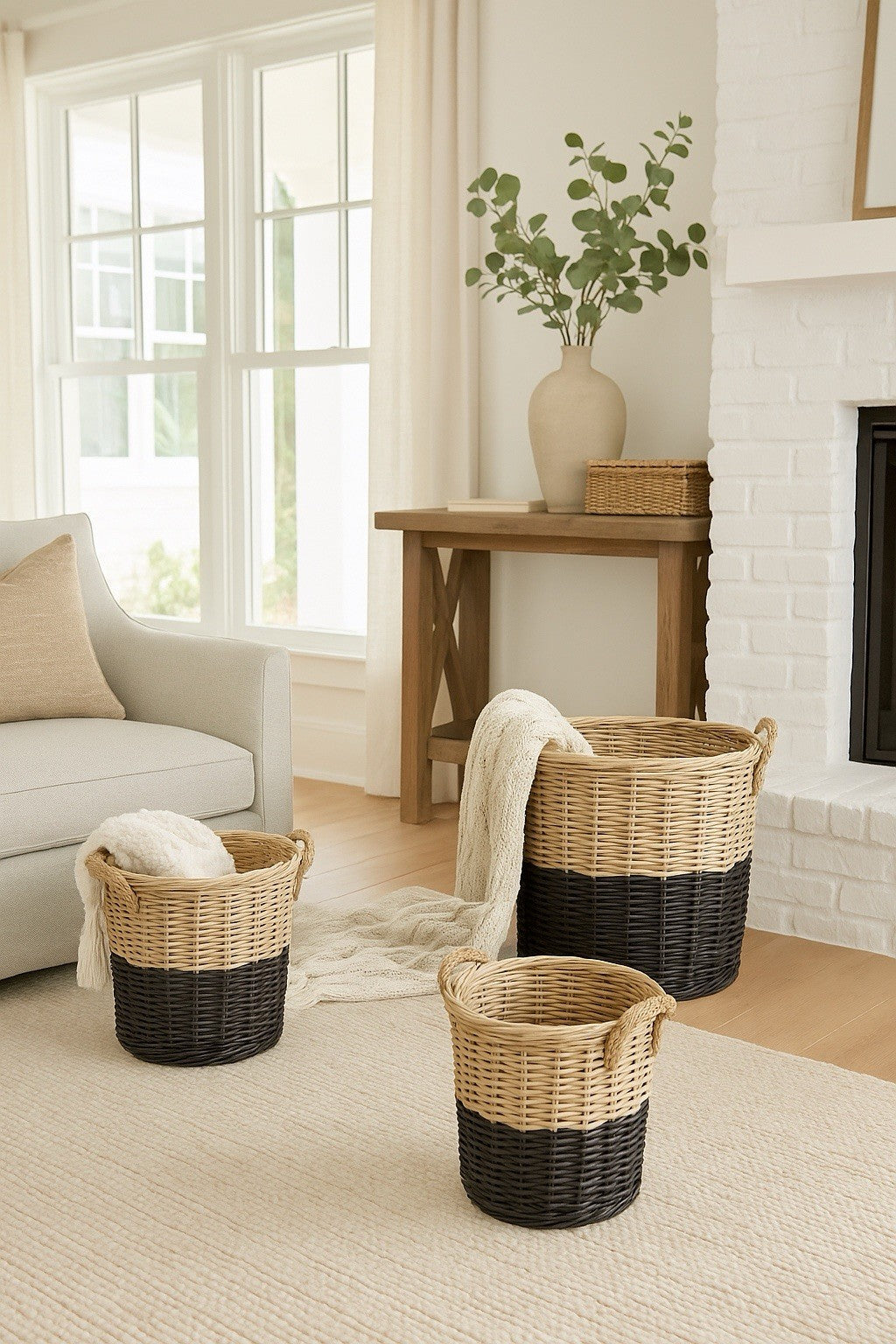 Handmade Willow Basket Set 3pc Black Dipped Rustic Farmhouse Storage Decor9