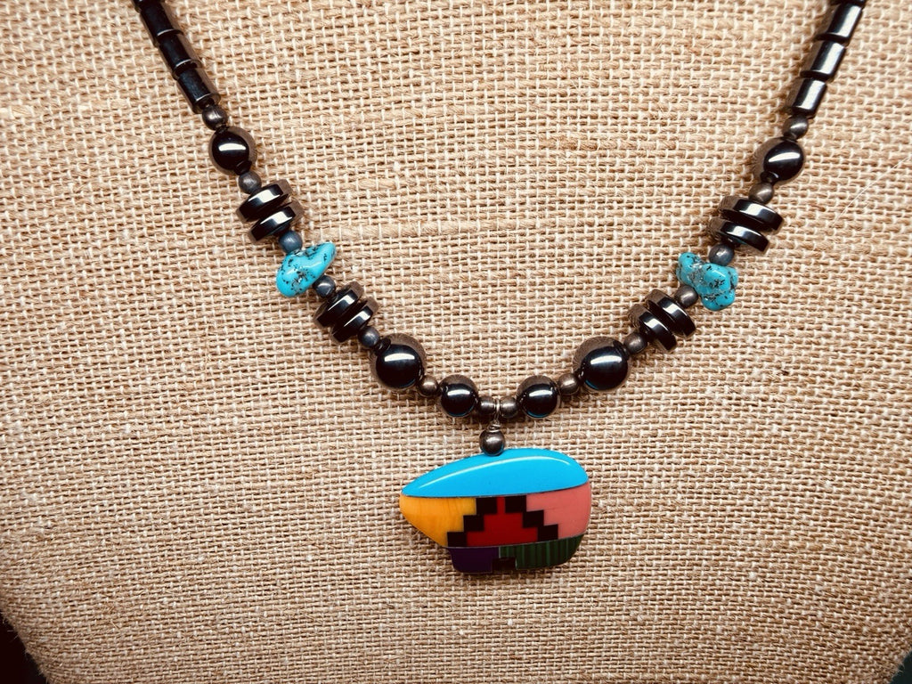 Vintage Native American Hematite Necklace W/ Turquoise Accent Bear Pendant4