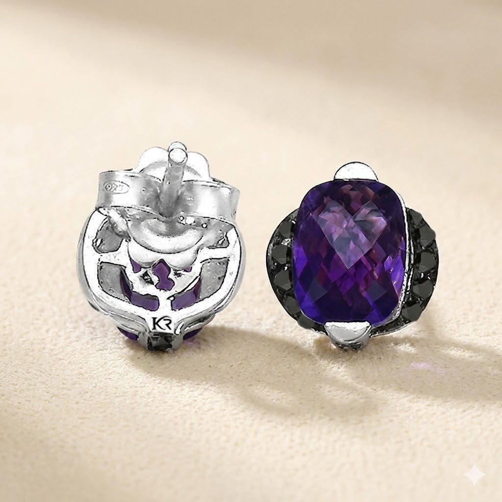 Luxurious Cushion Cut Amethyst & Black Diamond Earrings In Sterling Silver1