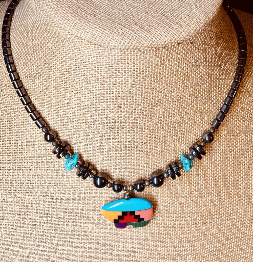 Vintage Native American Hematite Necklace W/ Turquoise Accent Bear Pendant3