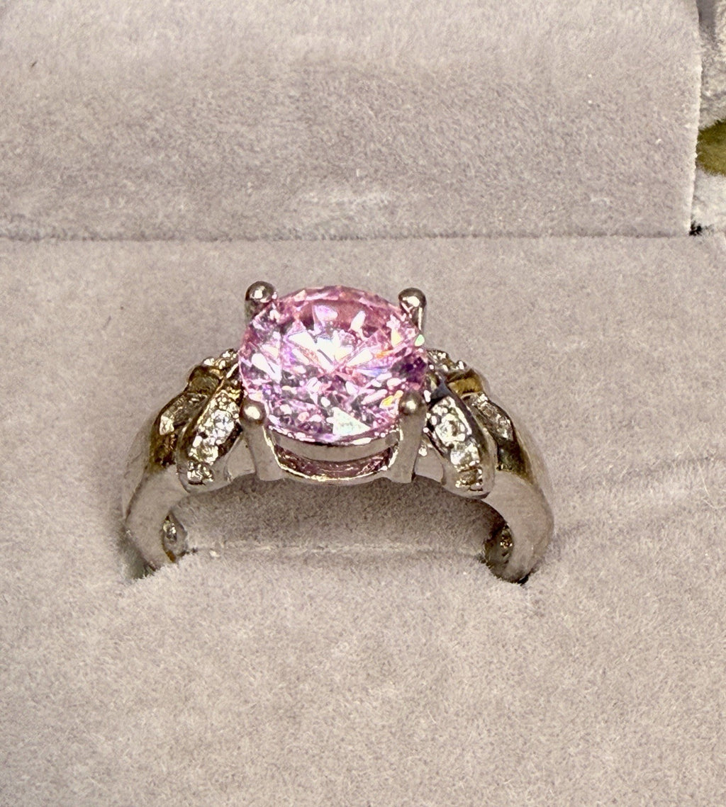 Sterling Silver Ring 925 Large Pink Gemstone W/ Diamond Accents0