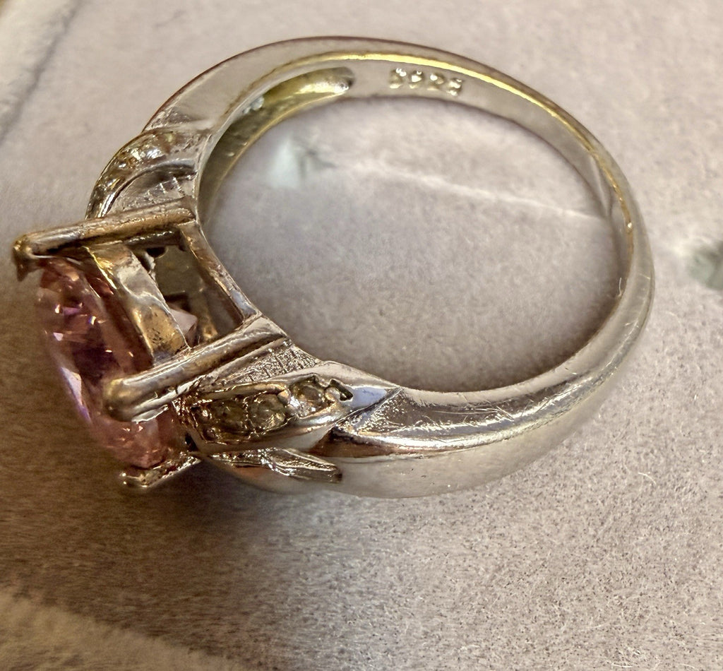Sterling Silver Ring 925 Large Pink Gemstone W/ Diamond Accents8