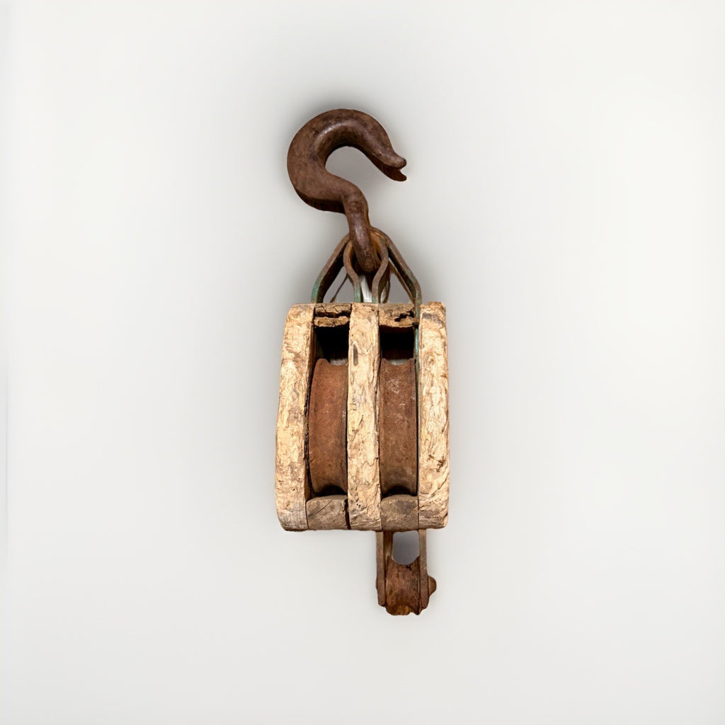Statement Décor Antique Wooden Double Pulley Block w/ Hand-Forged Iron Hooks3