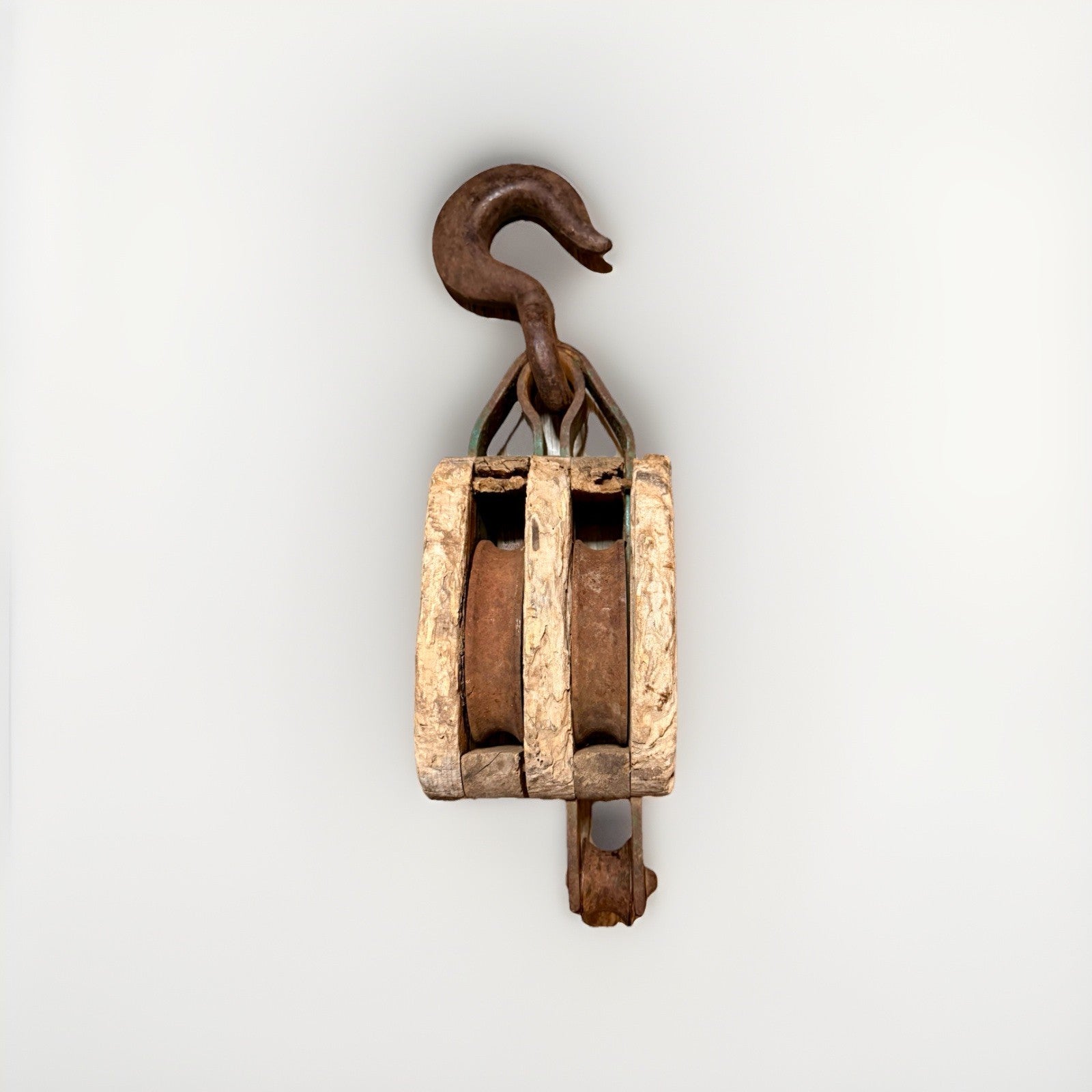 Statement Décor Antique Wooden Double Pulley Block w/ Hand-Forged Iron Hooks3
