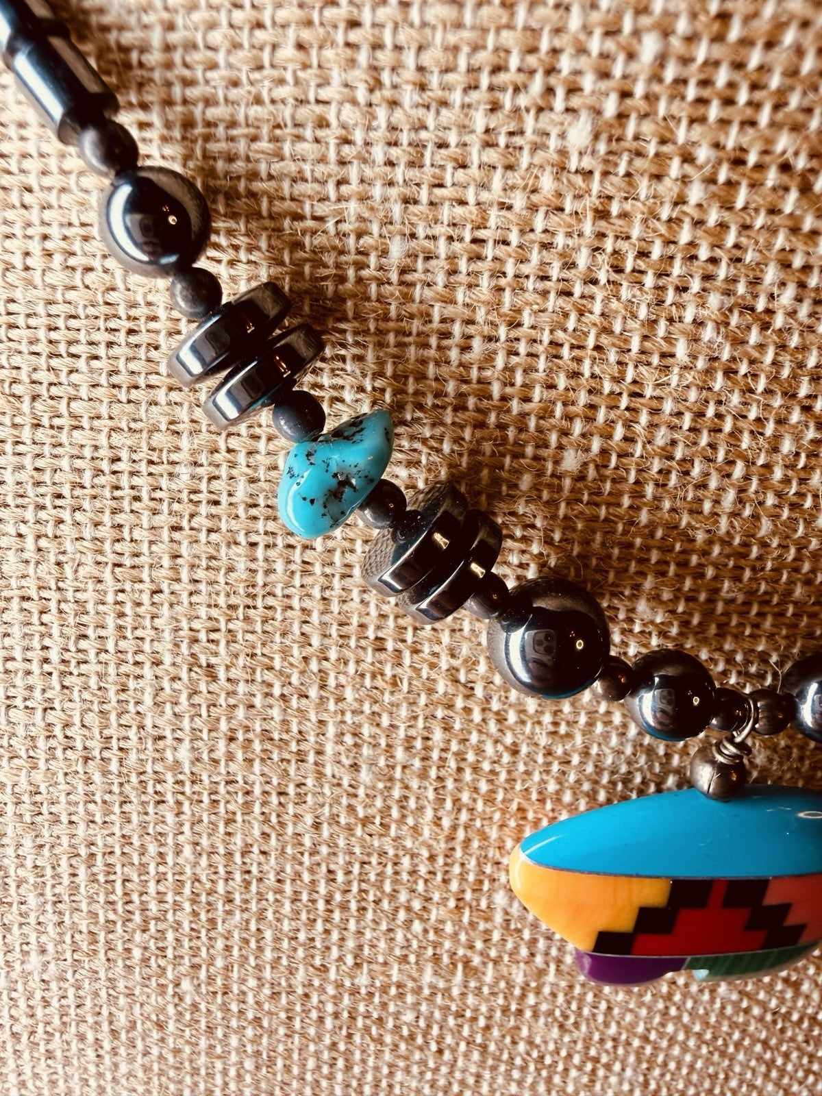 Vintage Native American Hematite Necklace W/ Turquoise Accent Bear Pendant6