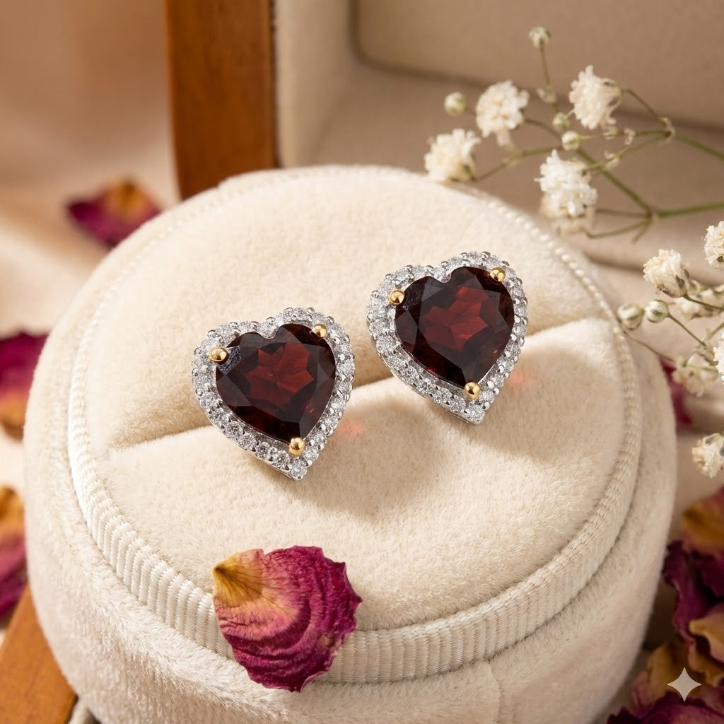 Romantic Garnet & White Topaz Heart Earrings | Solid Sterling Silver | Big Look0