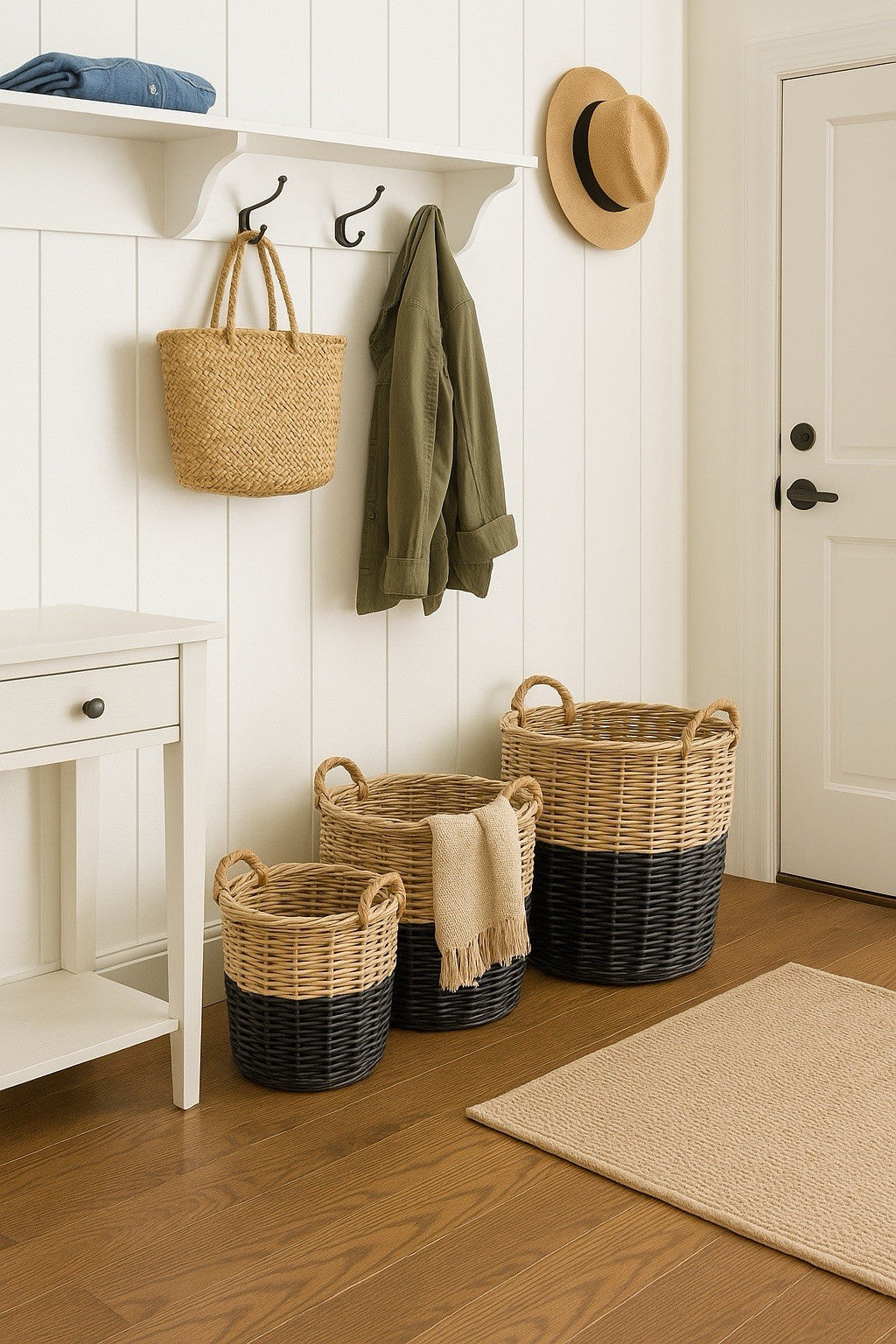 Handmade Willow Basket Set 3pc Black Dipped Rustic Farmhouse Storage Decor8