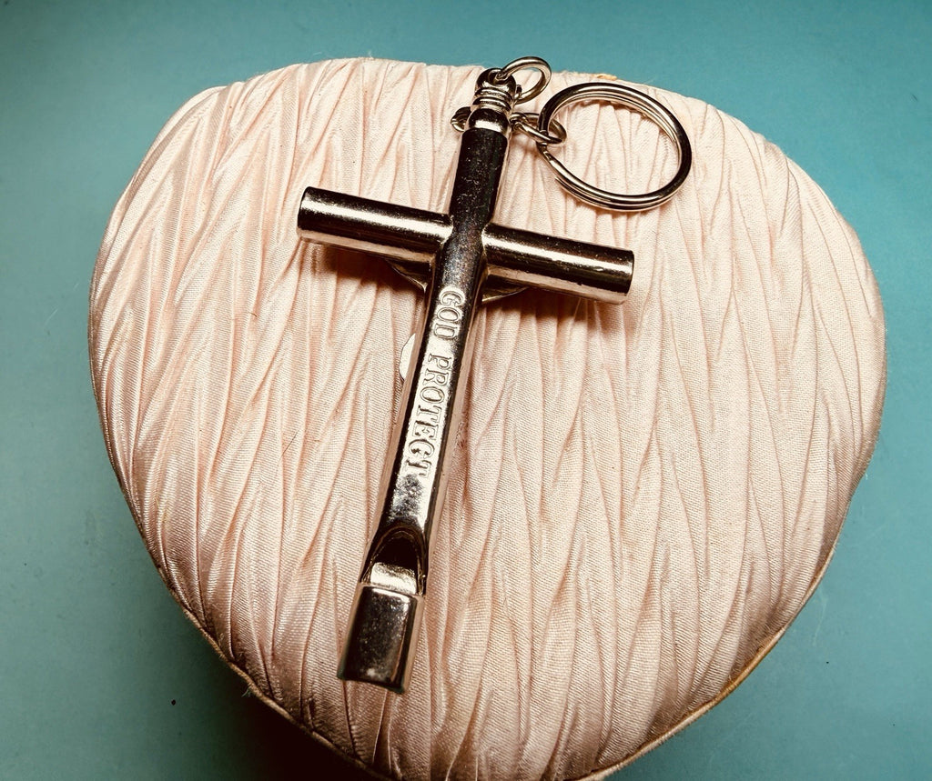 Vintage Whistle Crucifix Keychain | “God Protect” Metal Cross | Religious EDC1