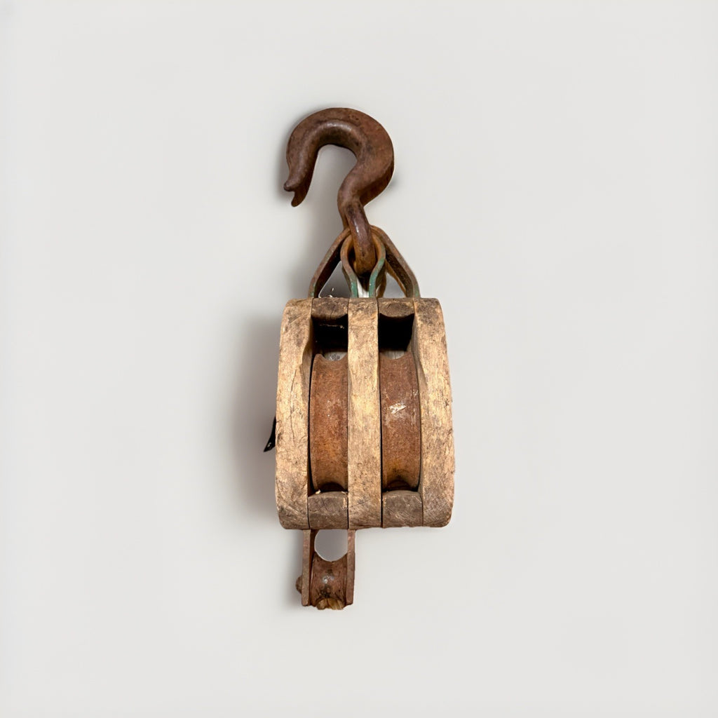 Statement Décor Antique Wooden Double Pulley Block w/ Hand-Forged Iron Hooks1