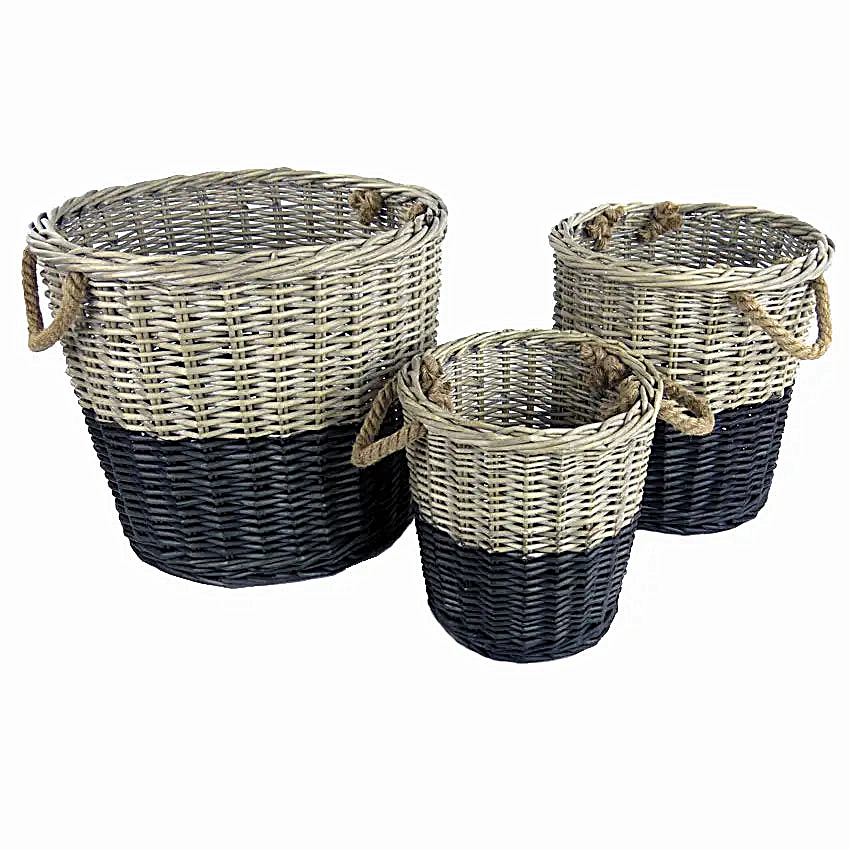 Handmade Willow Basket Set 3pc Black Dipped Rustic Farmhouse Storage Decor12