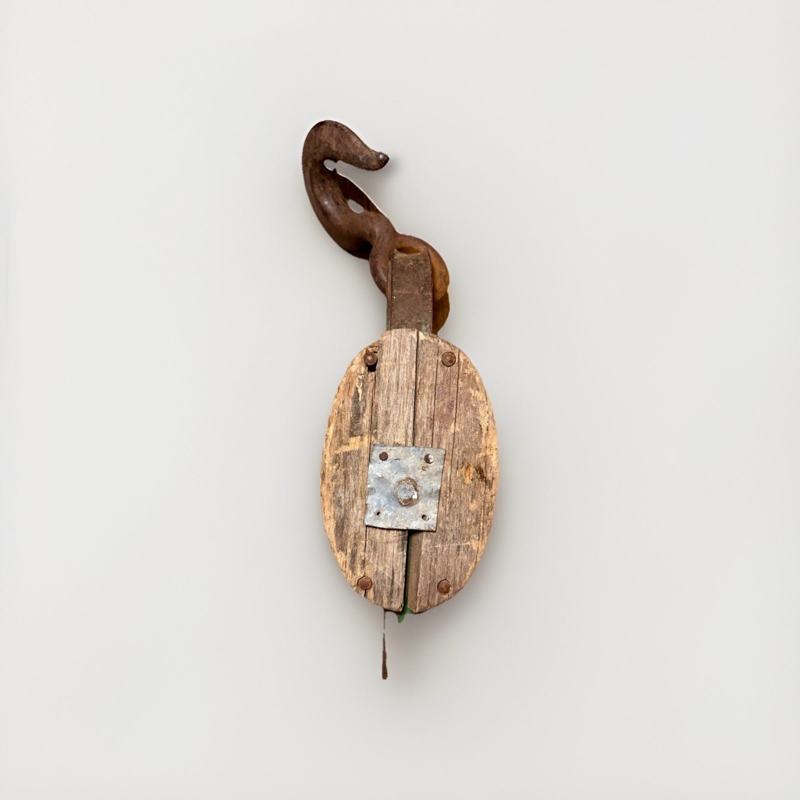 Statement Décor Antique Wooden Double Pulley Block w/ Hand-Forged Iron Hooks4
