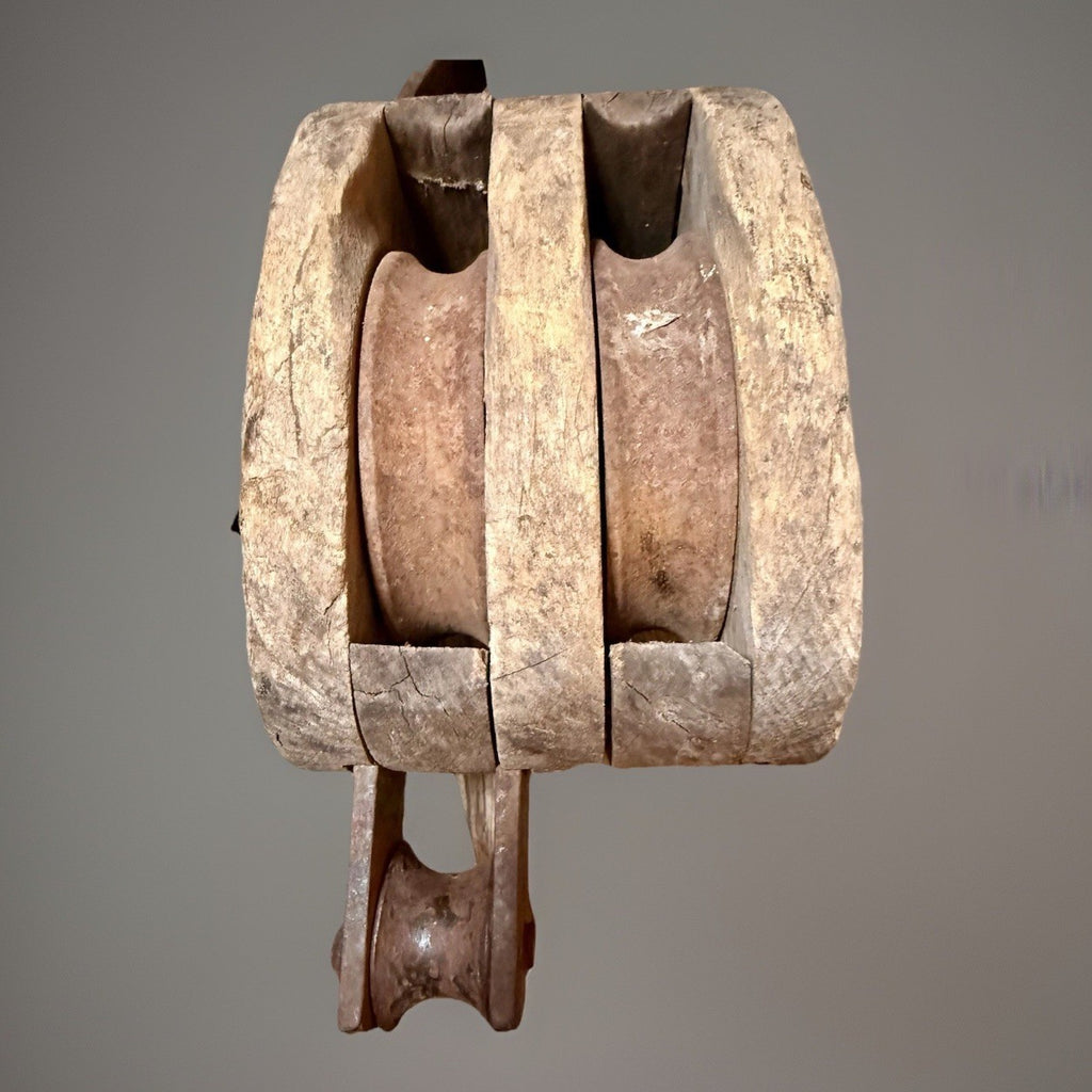 Statement Décor Antique Wooden Double Pulley Block w/ Hand-Forged Iron Hooks7