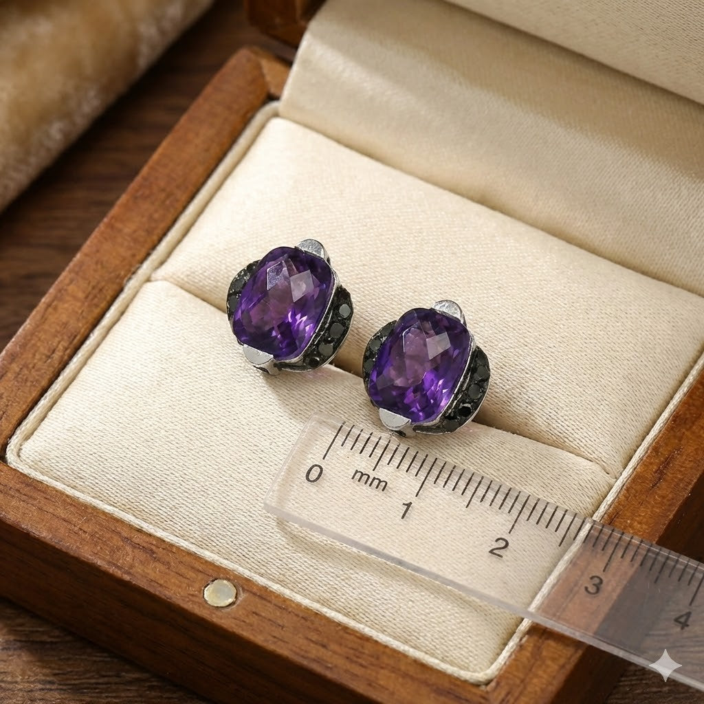 Luxurious Cushion Cut Amethyst & Black Diamond Earrings In Sterling Silver2