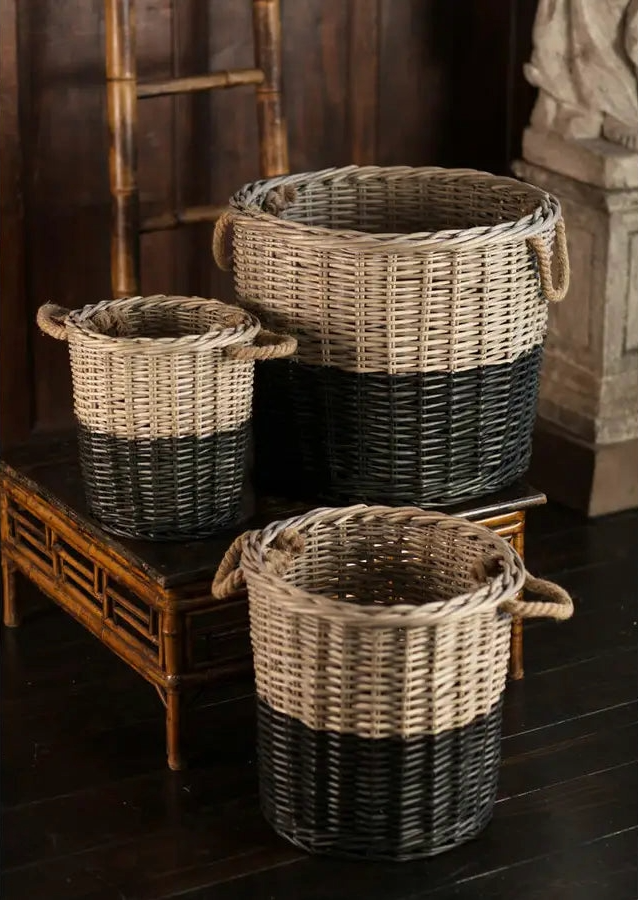 Handmade Willow Basket Set 3pc Black Dipped Rustic Farmhouse Storage Decor1
