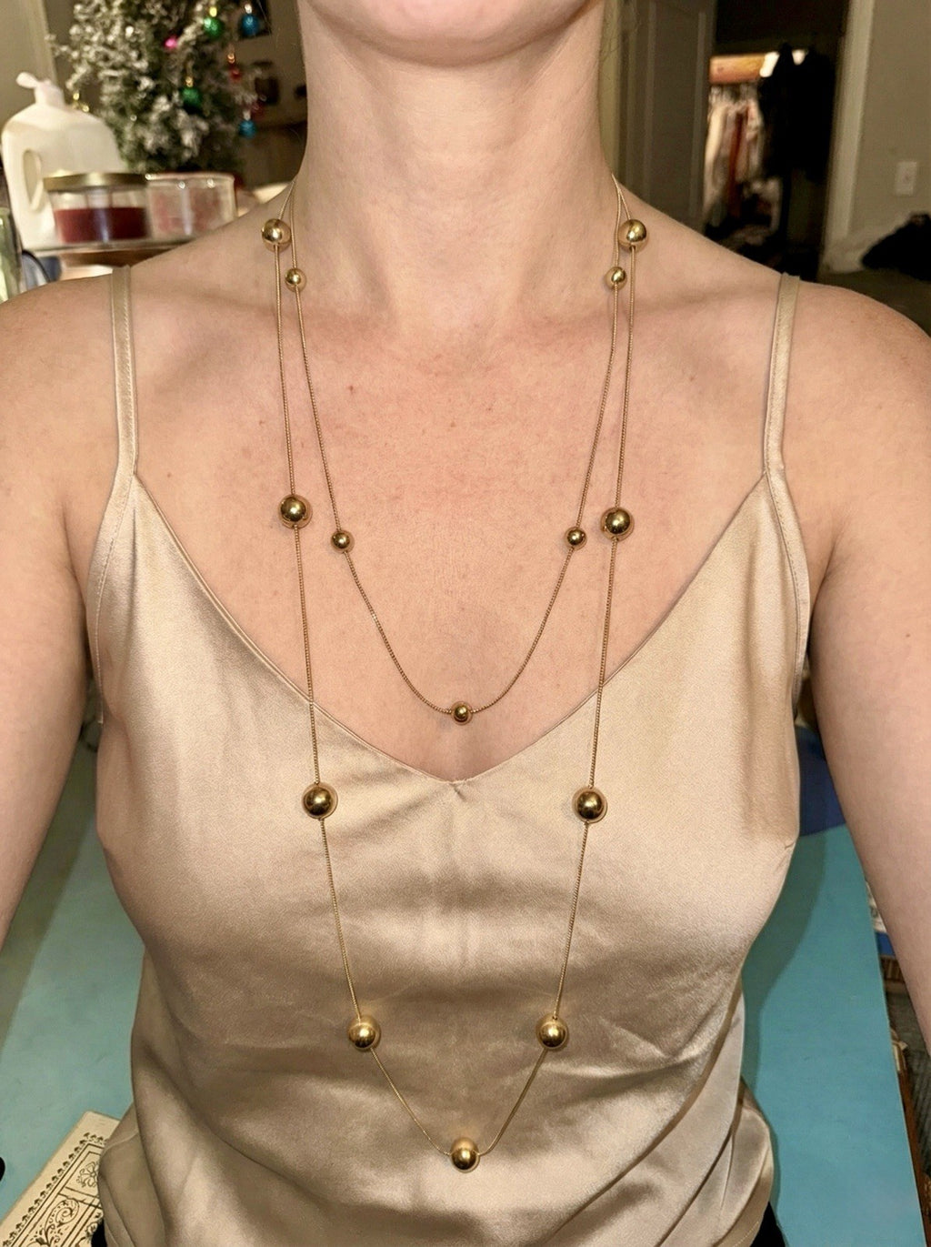 Liquid Gold Snake Chain Necklace Double Strand Polished Ball Station Layer 40”3