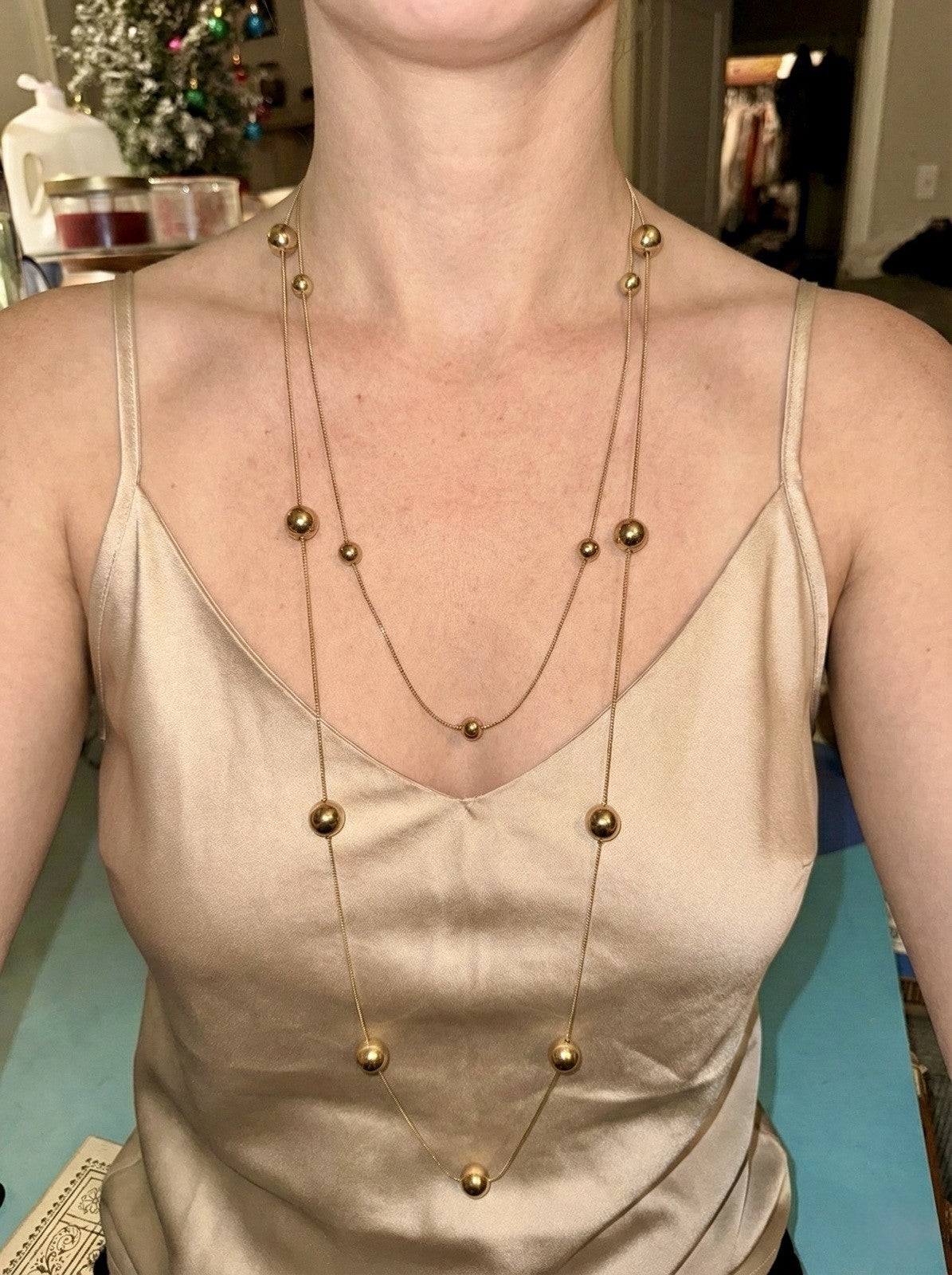 Liquid Gold Snake Chain Necklace Double Strand Polished Ball Station Layer 40”3